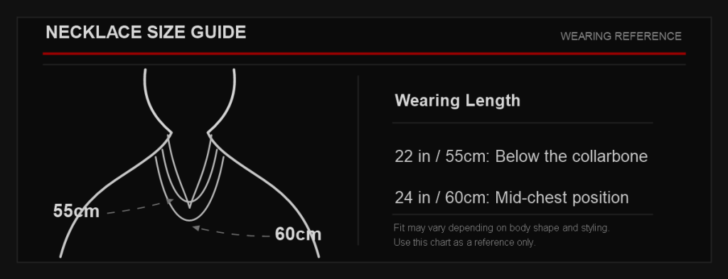 Vornveil necklace size guide showing 22 inch 55cm and 24 inch 60cm wearing lengths