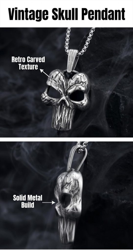 Vintage Skull Face Pendant Necklace by Vornveil - retro punk street accessories