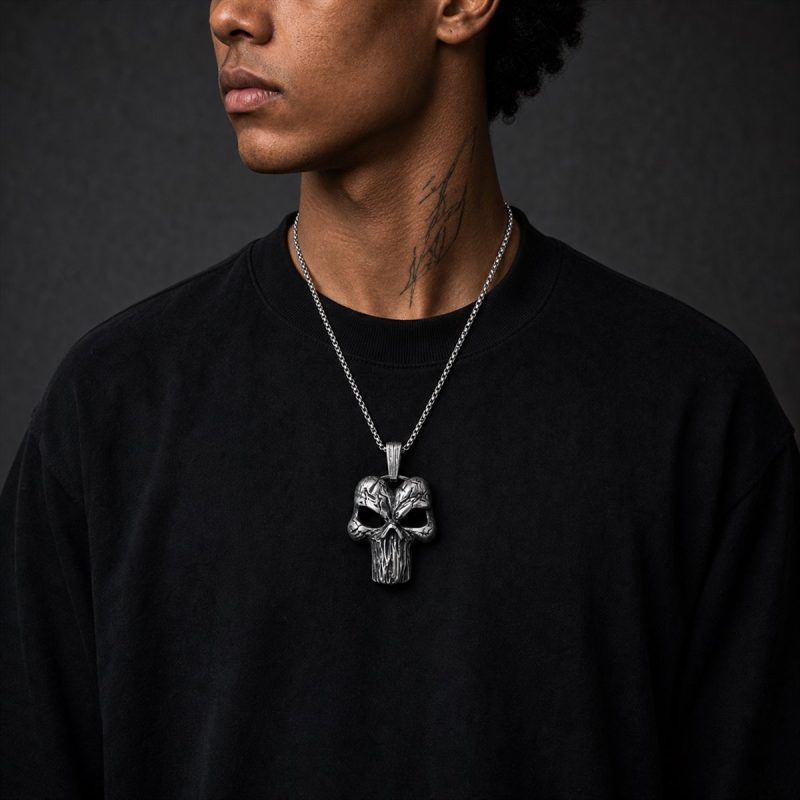 Vintage Skull Face Pendant Necklace worn by model