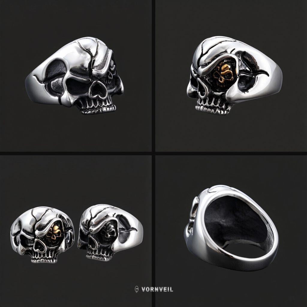 Two by two product detail grid showing the skull ring from side front pair and inner band angles