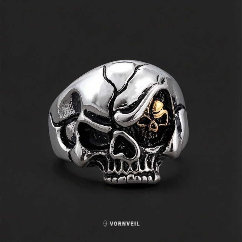 Vornveil gold eye skull statement ring front view in polished silver tone