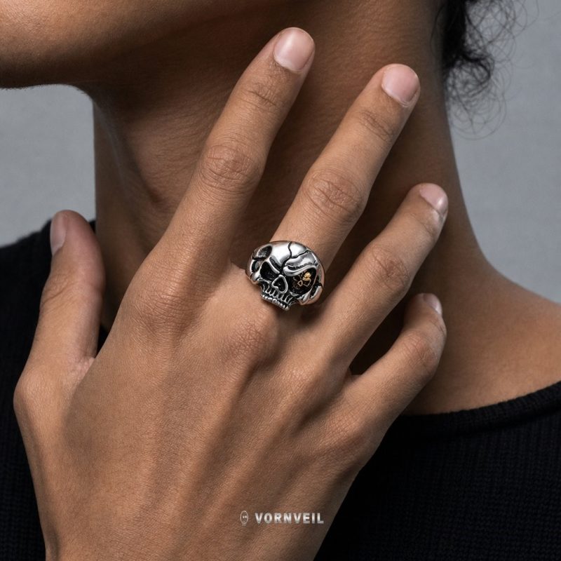 Gold Eye Skull Statement Ring worn by model