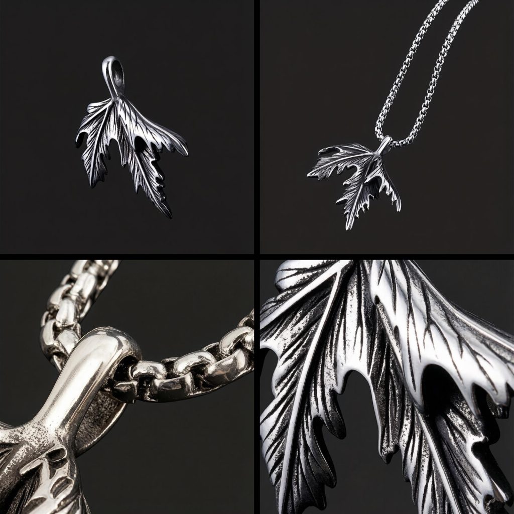 Two by two detail grid showing the maple leaf pendant front chain styling bail connection and leaf texture