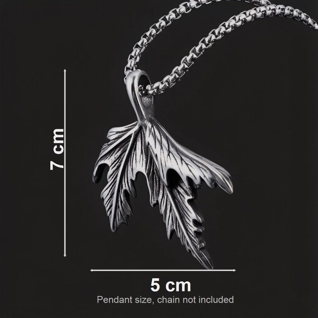 Size image showing approx 7 cm length and 5 cm width for the maple leaf pendant