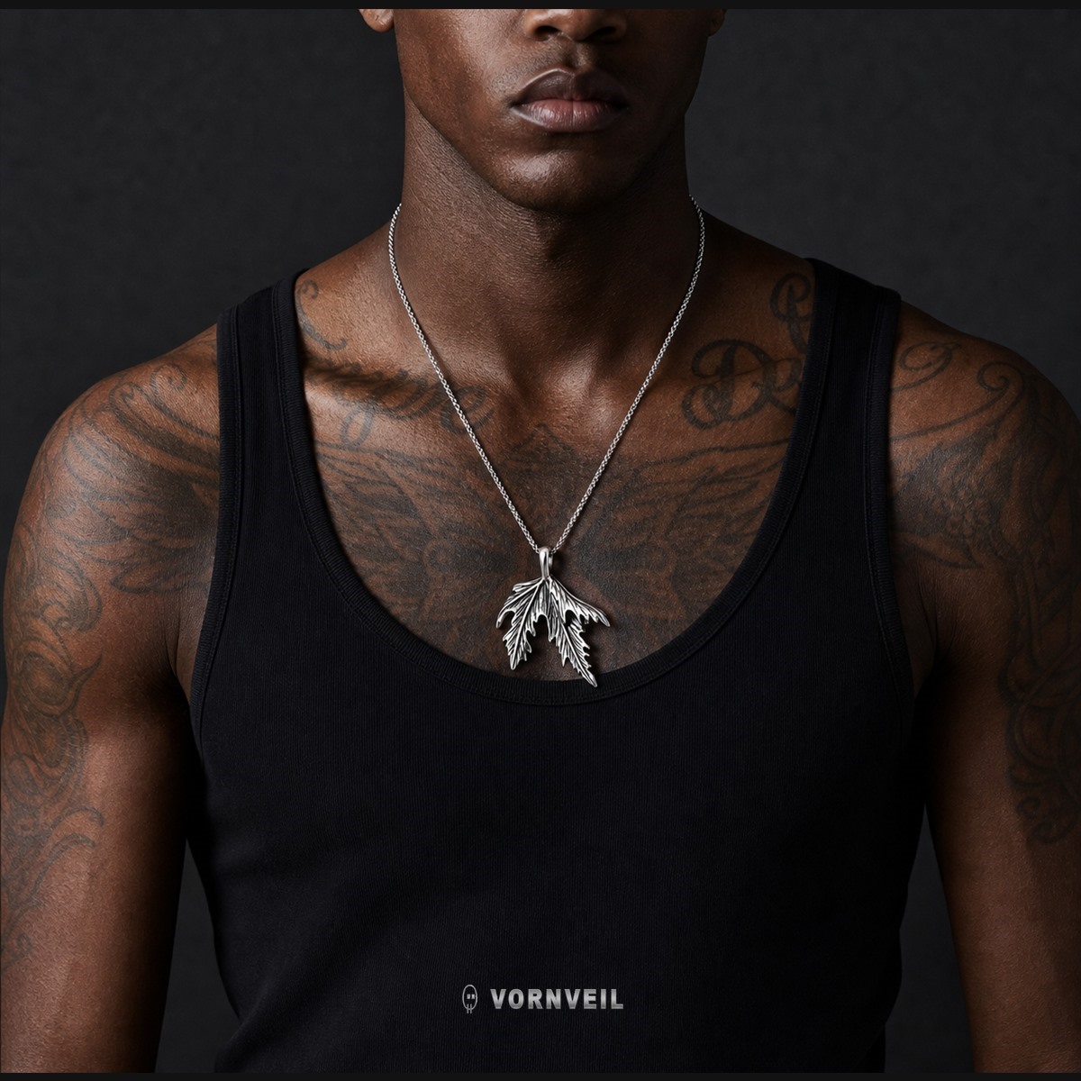 AI-assisted styling image showing the maple leaf pendant centered on a black tank top outfit with silver logo watermark