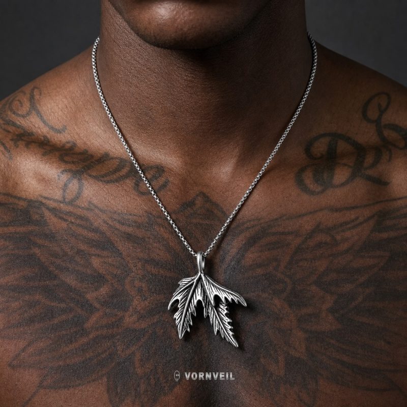 Retro Maple Leaf Stainless Steel Pendant Necklace worn by model