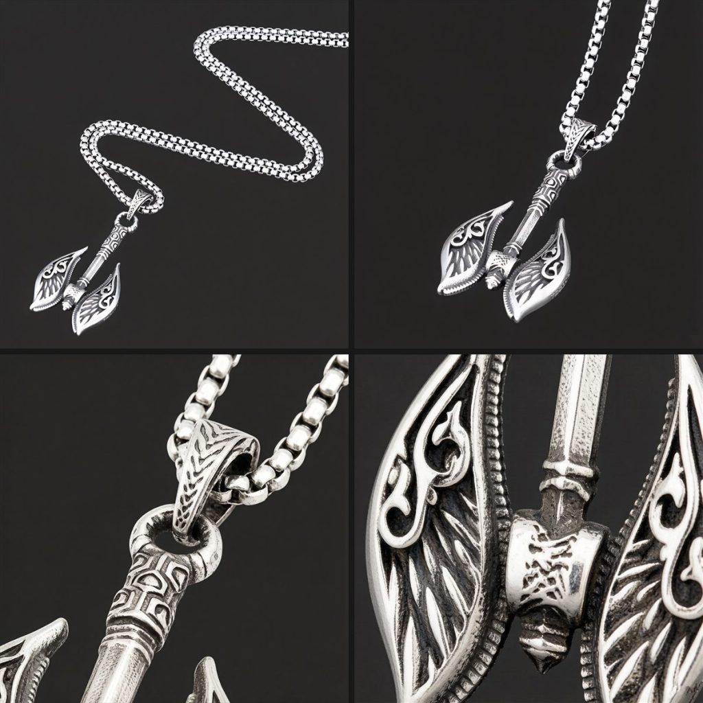 Two by two detail grid showing the axe pendant chain view bail connection and blade engraving texture