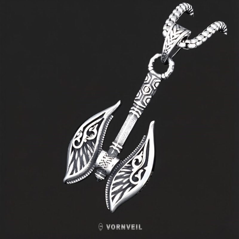 Vornveil stainless steel axe pendant necklace on a dark background with silver logo watermark