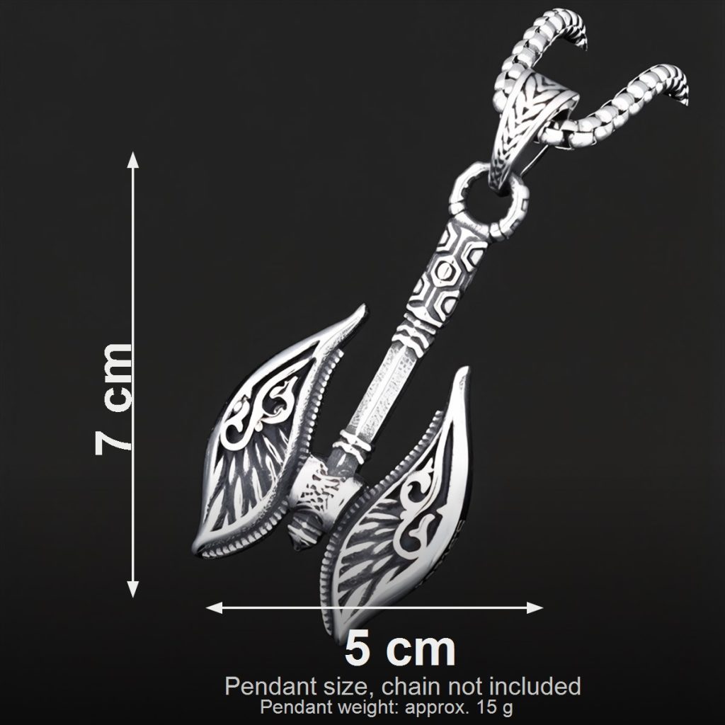 Size image showing approx 7 cm length 5 cm width and 15 g weight for the axe pendant
