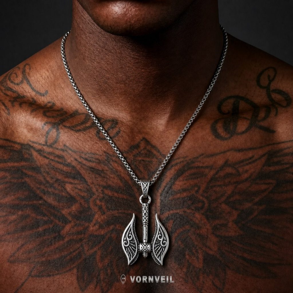 AI-assisted worn image showing the stainless steel axe pendant necklace on a tattooed chest with silver logo watermark