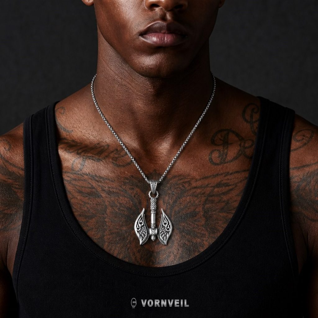 AI-assisted worn image showing the axe pendant necklace on a black tank top outfit with silver logo watermark