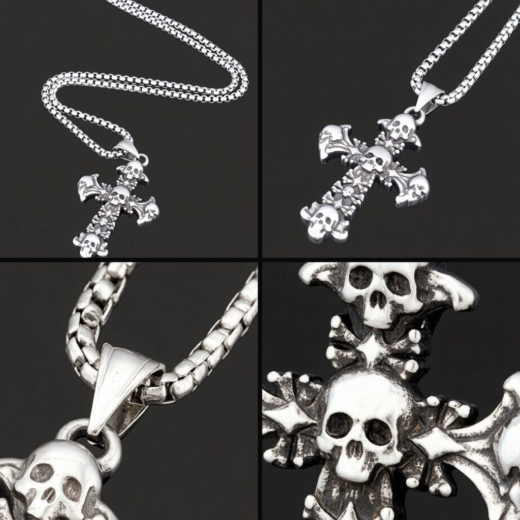 Four-panel detail image showing the skull cross pendant chain bail and raised skull texture
