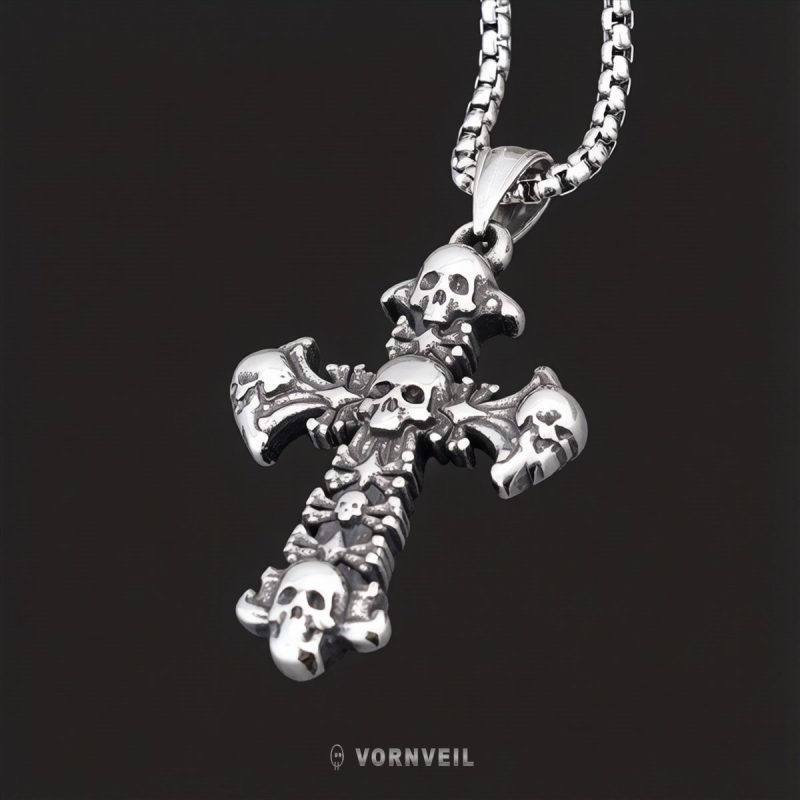 Vornveil skull cross stainless steel pendant necklace on a dark background with logo watermark