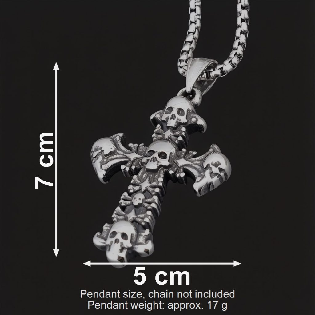 Size image showing approx 7 cm length 5 cm width and 17 g weight for the skull cross pendant