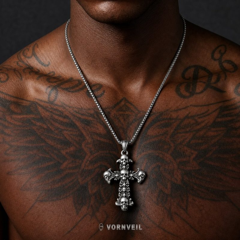 Skull Cross Stainless Steel Pendant Necklace worn by model