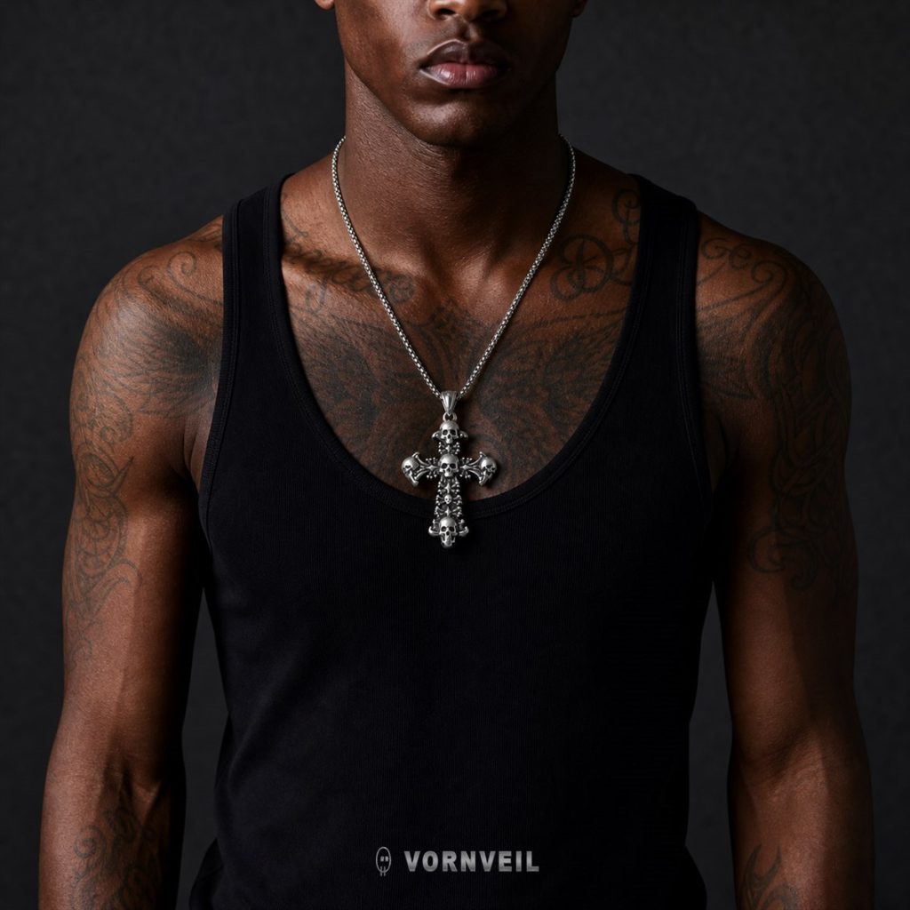 AI-assisted worn image showing the skull cross pendant necklace with a black tank top streetwear fit and logo watermark
