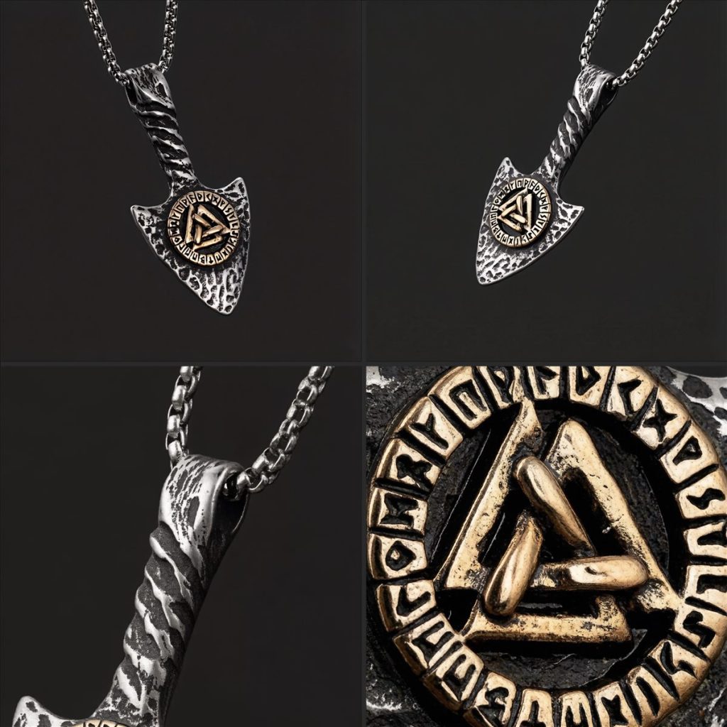 Two by two detail grid showing the pendant angle bail rune medallion and antique steel texture
