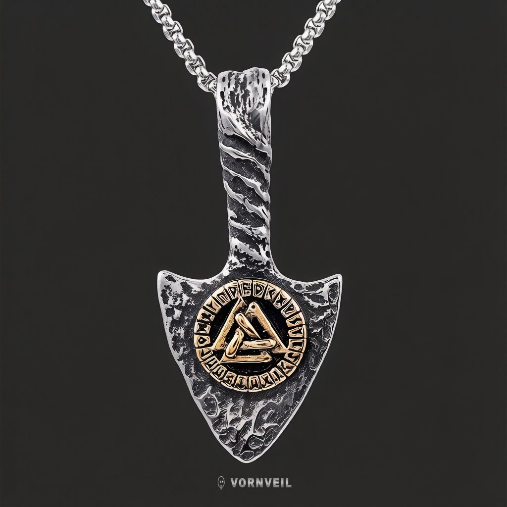 Vornveil Viking rune arrowhead stainless steel pendant necklace on a dark background with silver logo watermark
