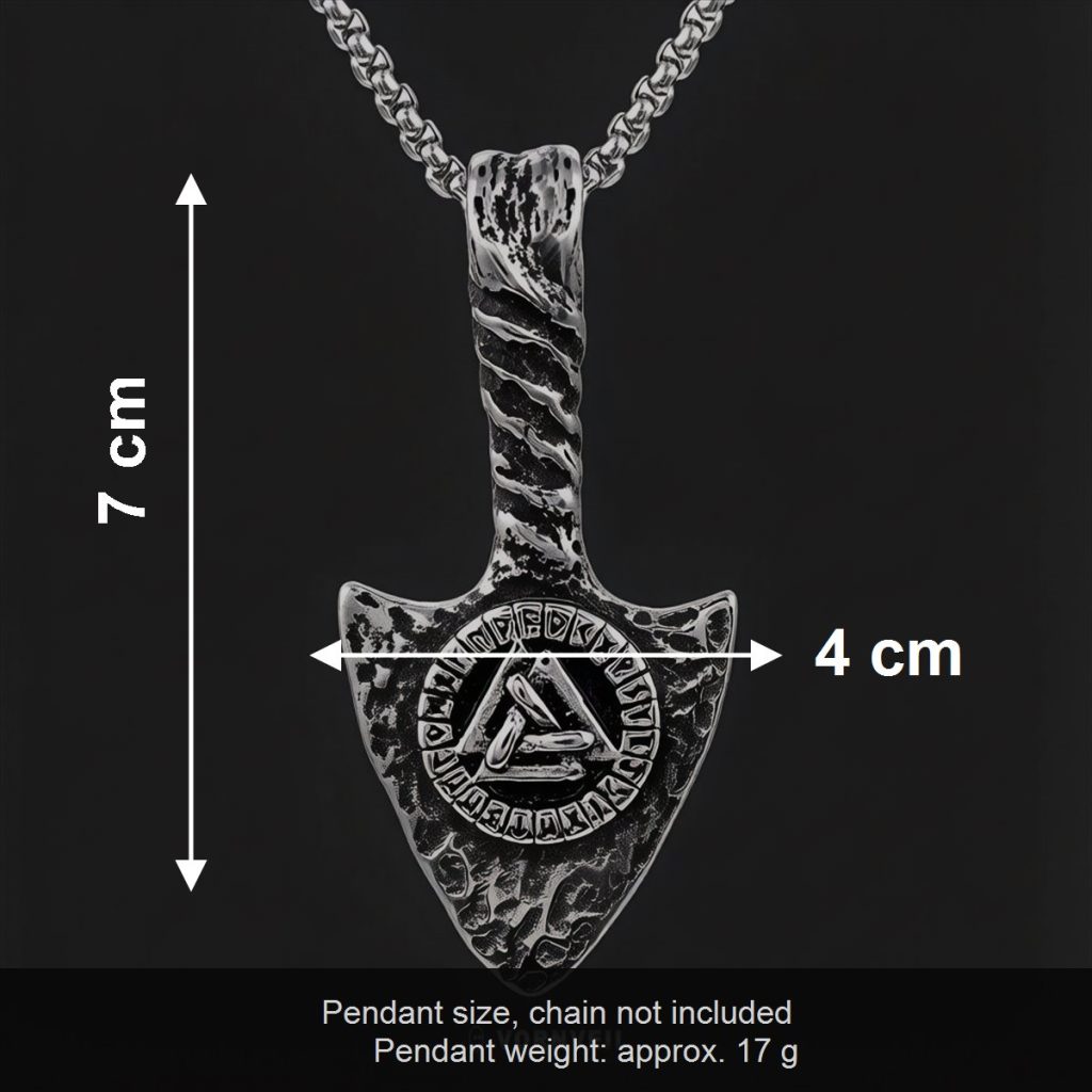 Size image showing approx 7 cm length 4 cm width and 17 g weight for the steel tone Viking rune arrowhead pendant