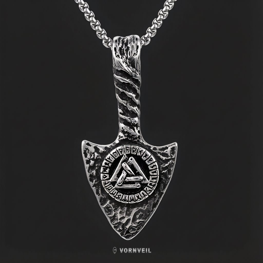 Vornveil steel tone Viking rune arrowhead pendant necklace front view with antique metal texture