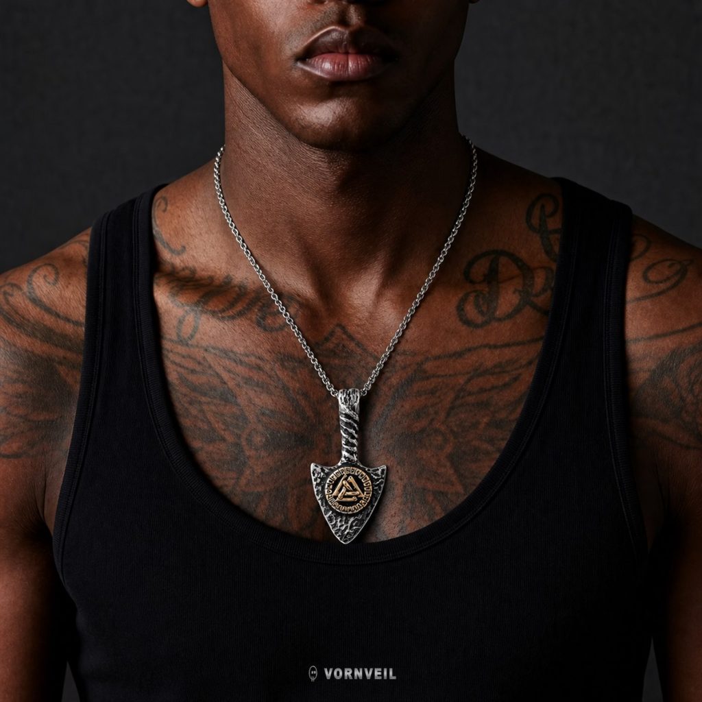 AI-assisted worn image showing the Viking rune arrowhead pendant necklace on a tattooed black tank top outfit with silver logo watermark