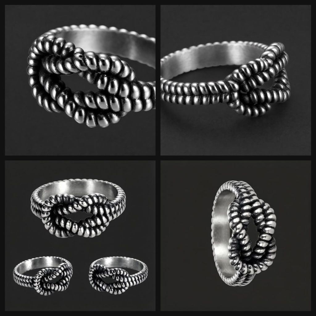 Four detail views showing the black steel tone rope knot ring texture and raised knot face