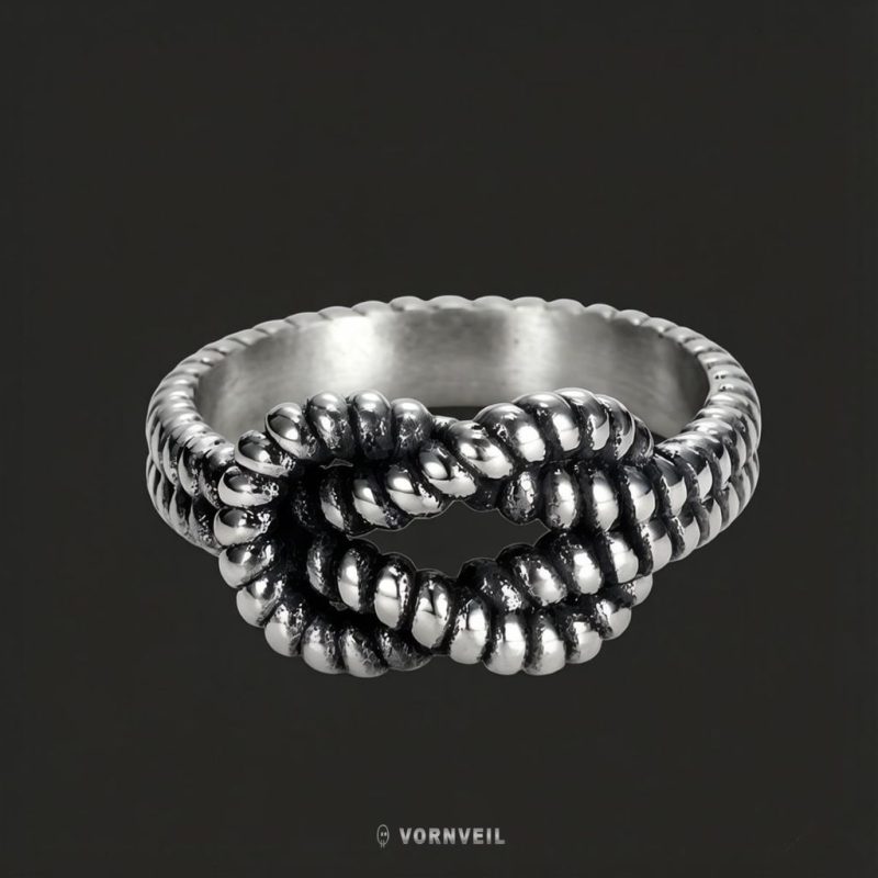 Vornveil black steel tone rope knot ring on dark background with silver logo watermark