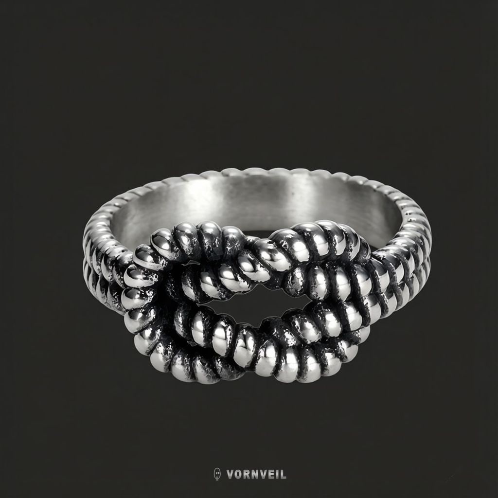 Vornveil black steel tone rope knot ring on dark background with silver logo watermark