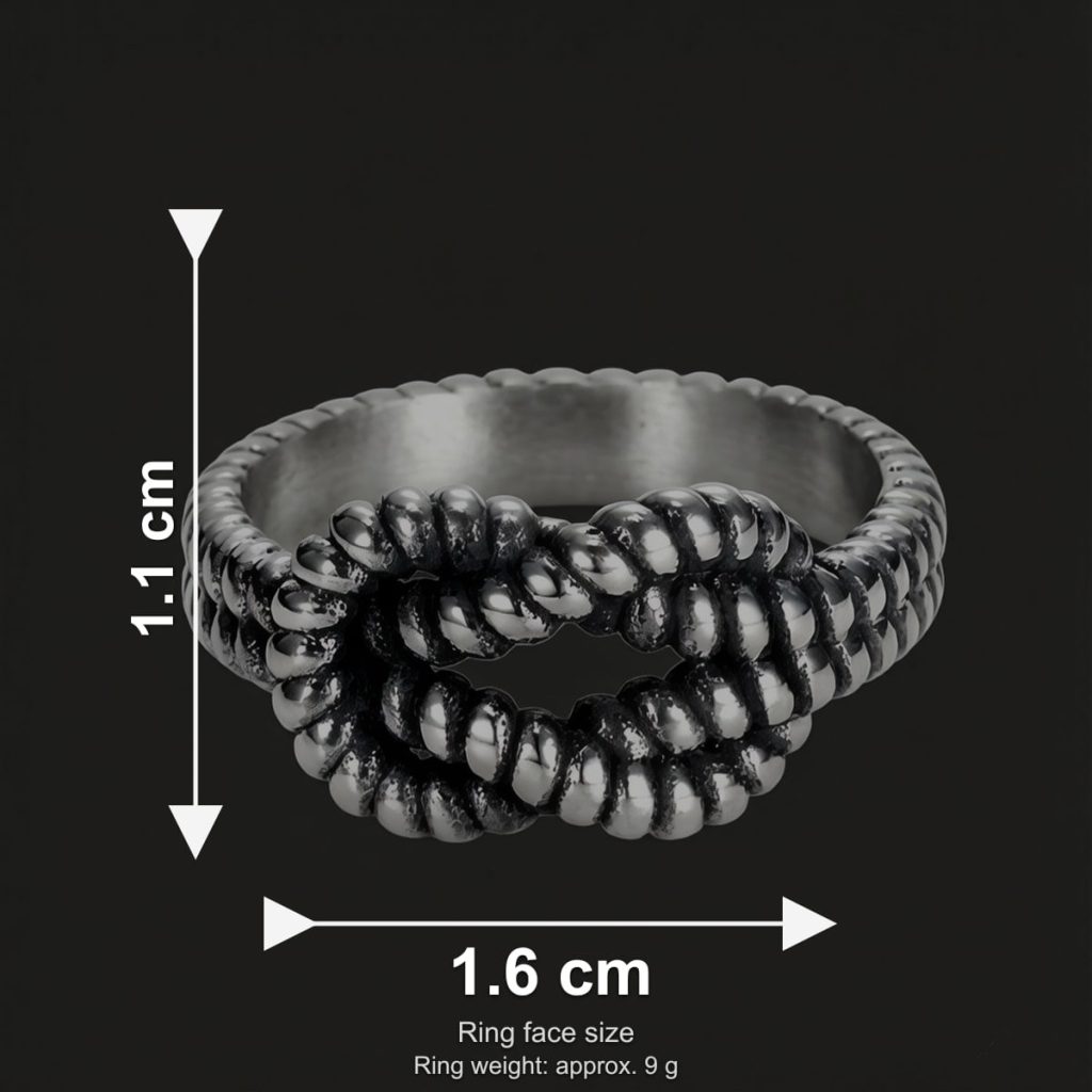 Size image showing rope knot ring face width 1.6 cm face length 1.1 cm and approx 9 g weight