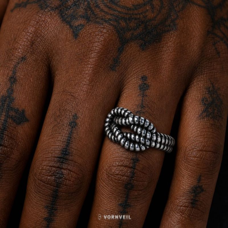 Black Steel Rope Knot Ring worn by model