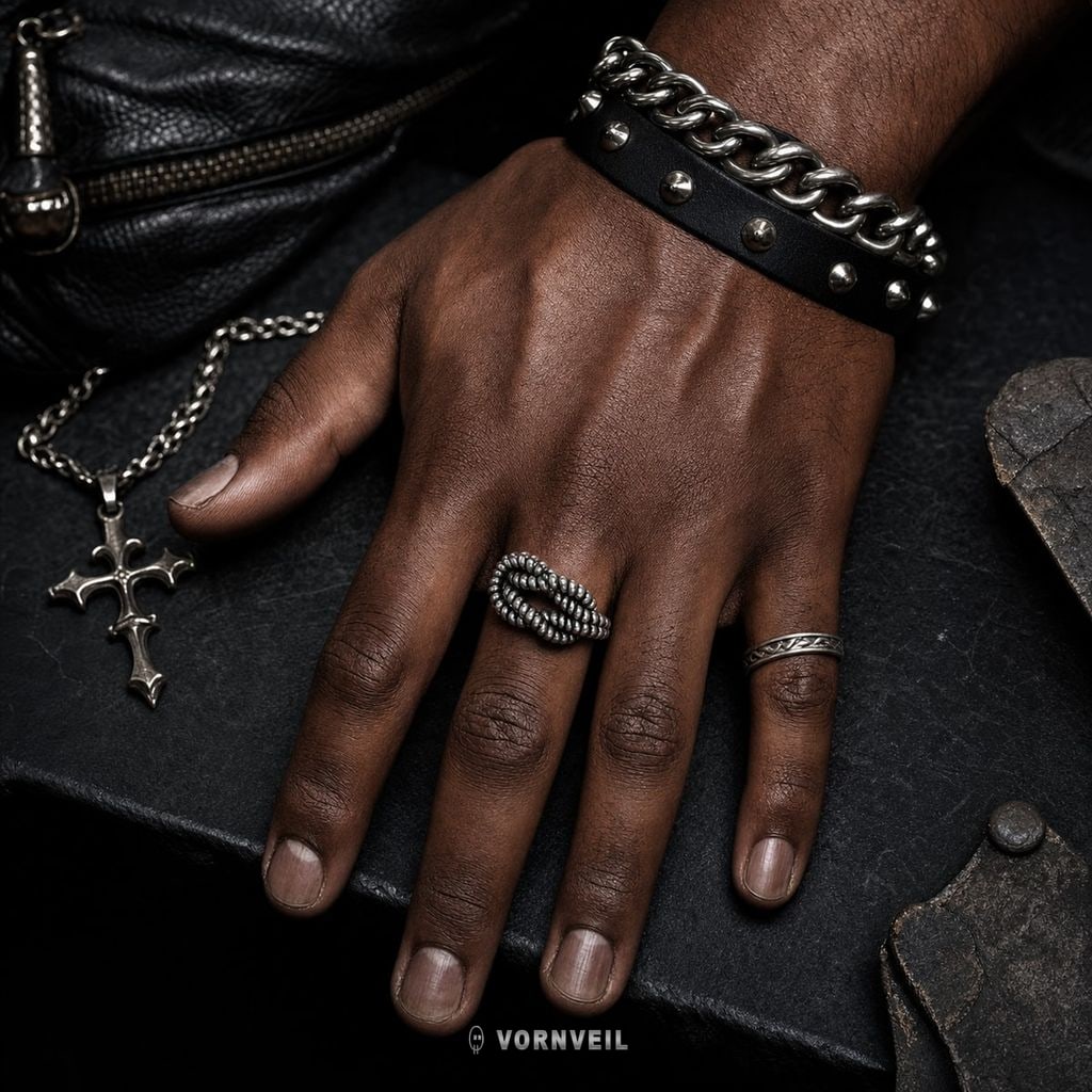 AI-assisted worn image showing the black steel tone rope knot ring on hand with punk accessories and silver logo watermark