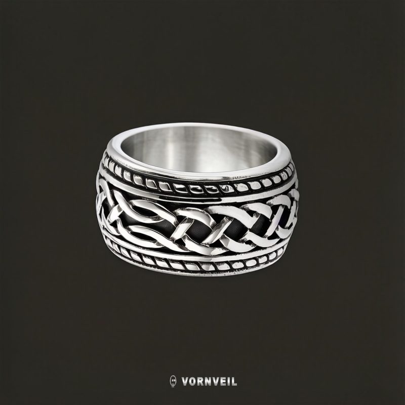 Vornveil steel Celtic knot band ring with silver logo watermark