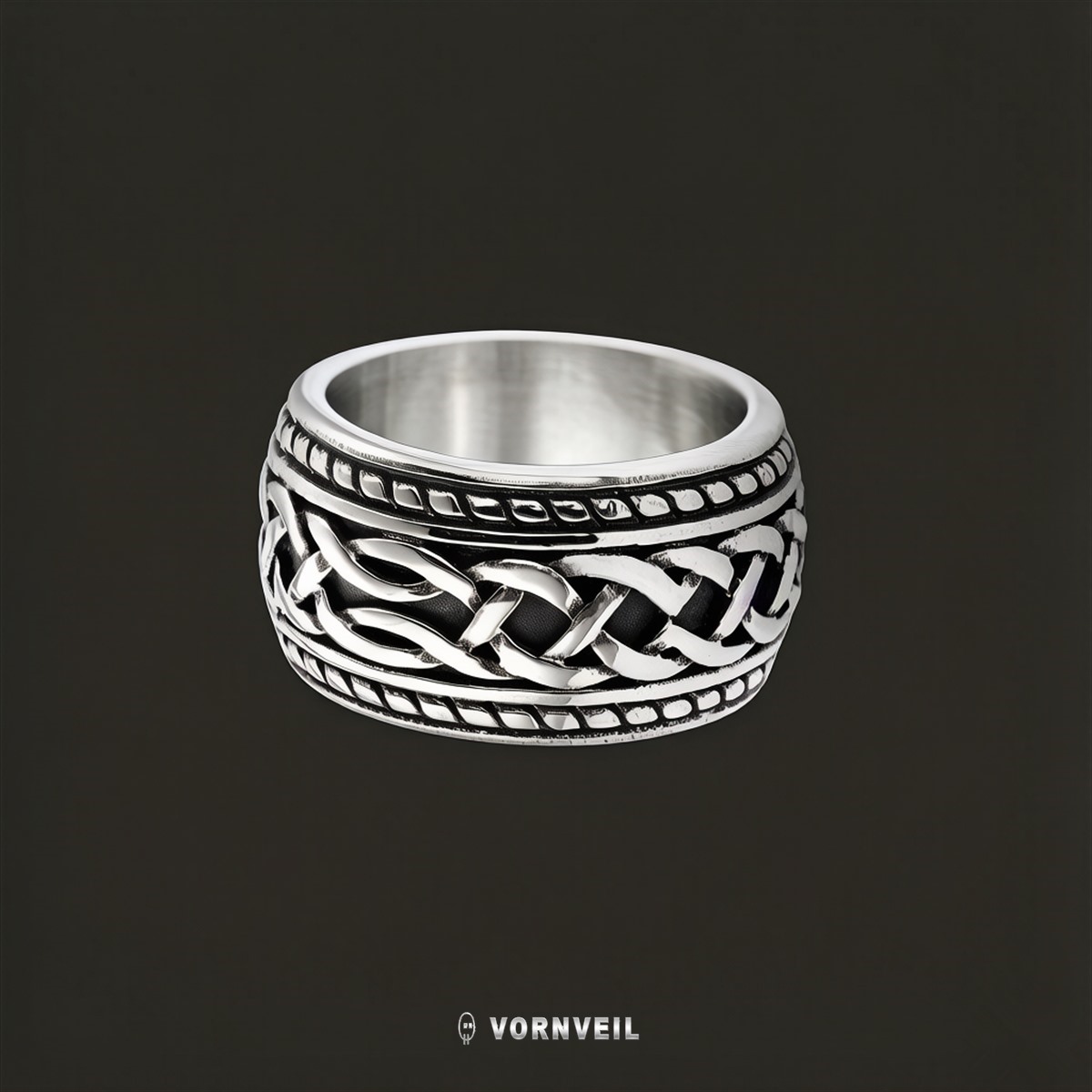 Vornveil steel Celtic knot band ring with silver logo watermark