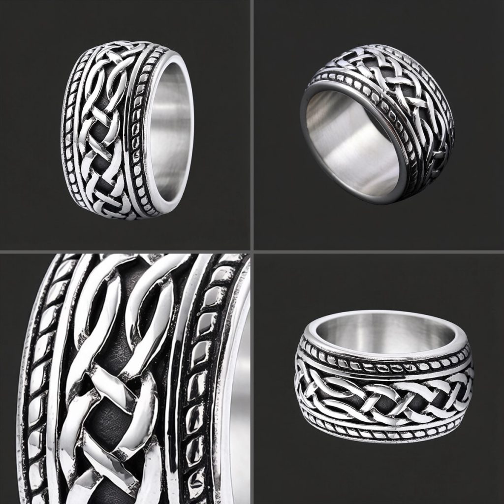 Detail views of two-tone Celtic knot band ring texture and raised knot face