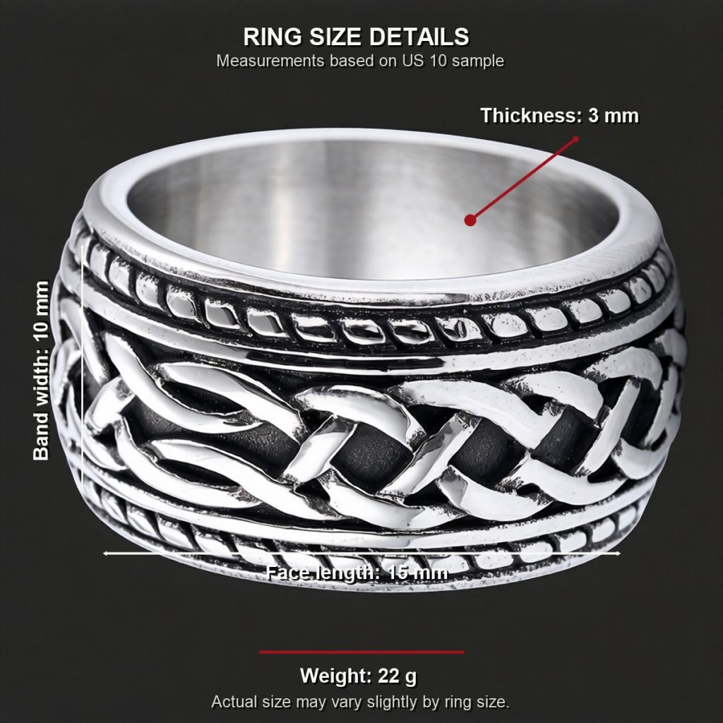 Size image for two-tone Celtic knot band ring showing approx 1.60 cm face length and 1.00 cm width