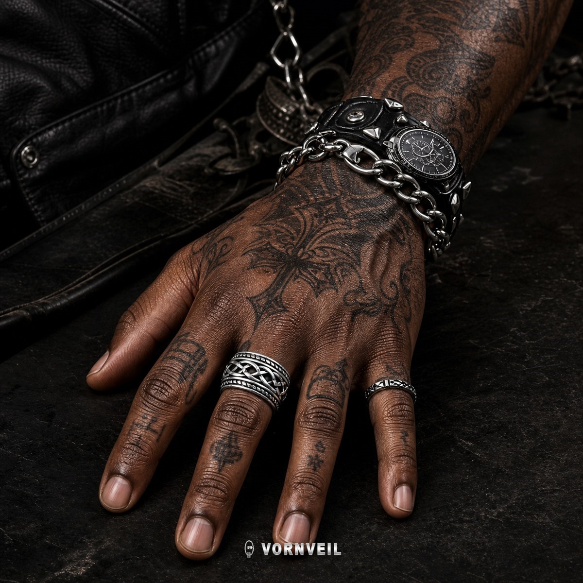AI-assisted worn image showing two-tone Celtic knot band ring on a tattooed male hand with silver logo watermark