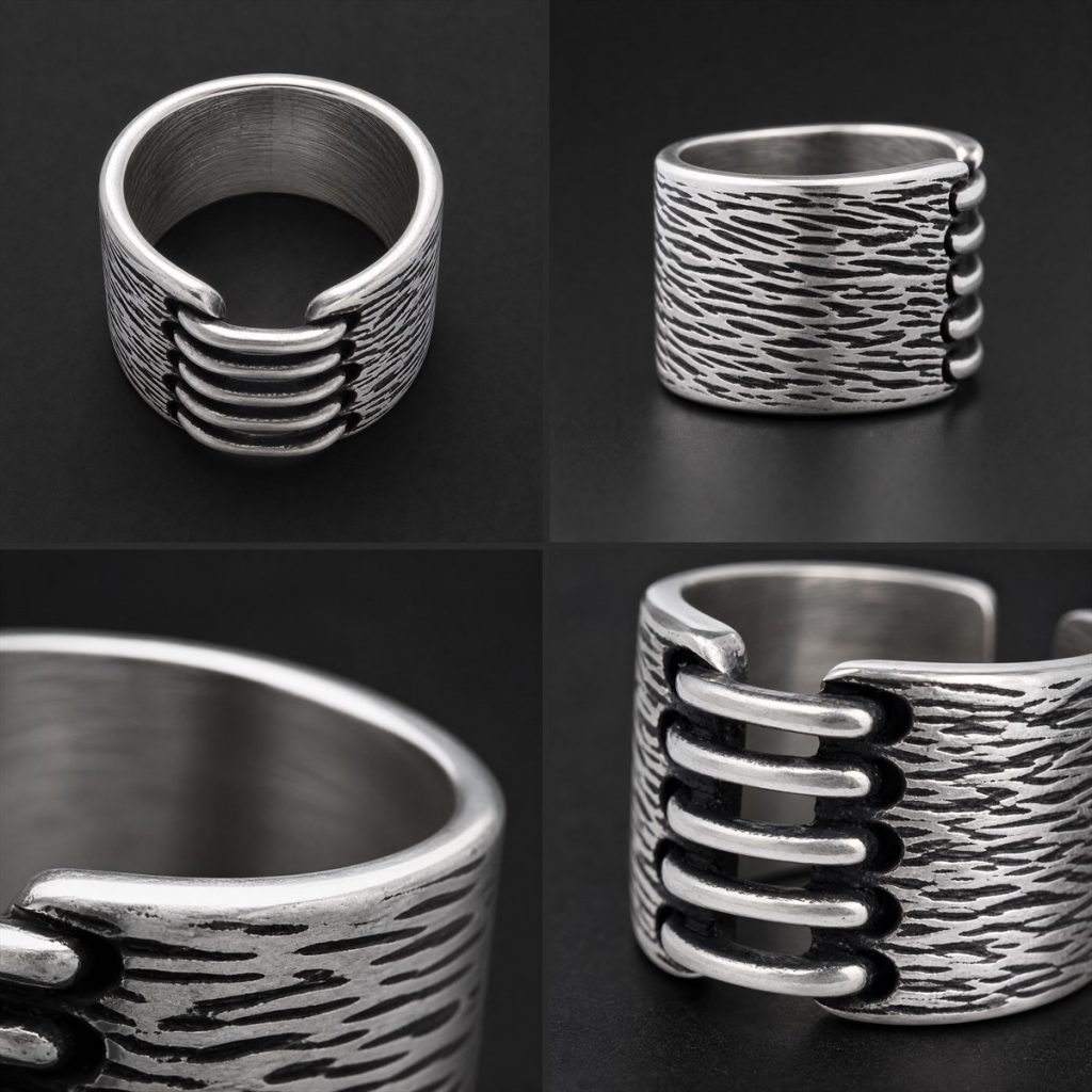 Detail view of distressed steel pinky band ring surface and darkened recesses