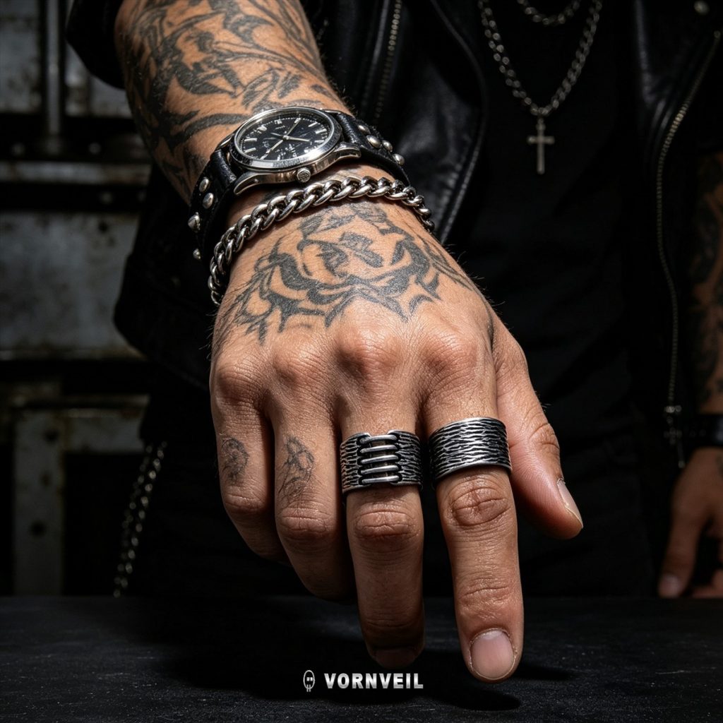 AI-assisted worn image showing distressed steel pinky band ring scale on hand with silver logo watermark