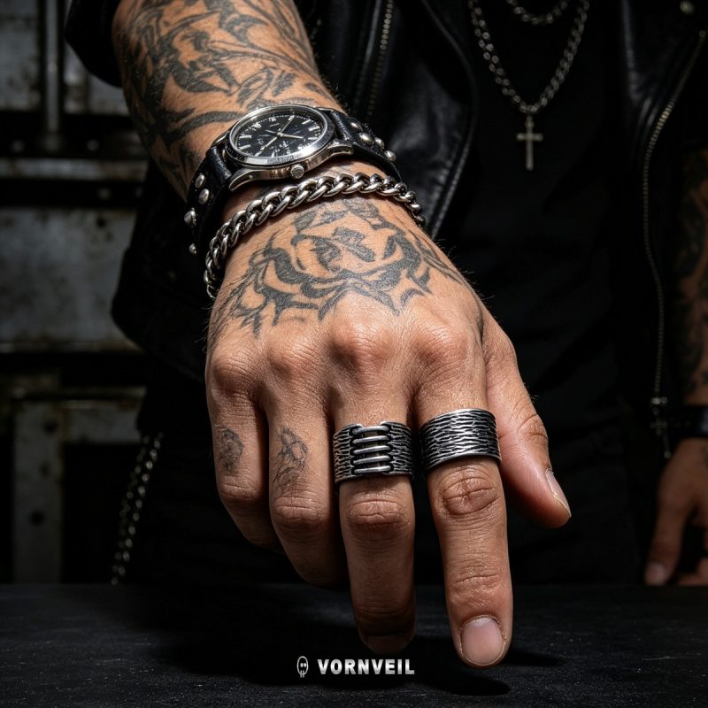 Distressed Steel Pinky Band Ring worn by model