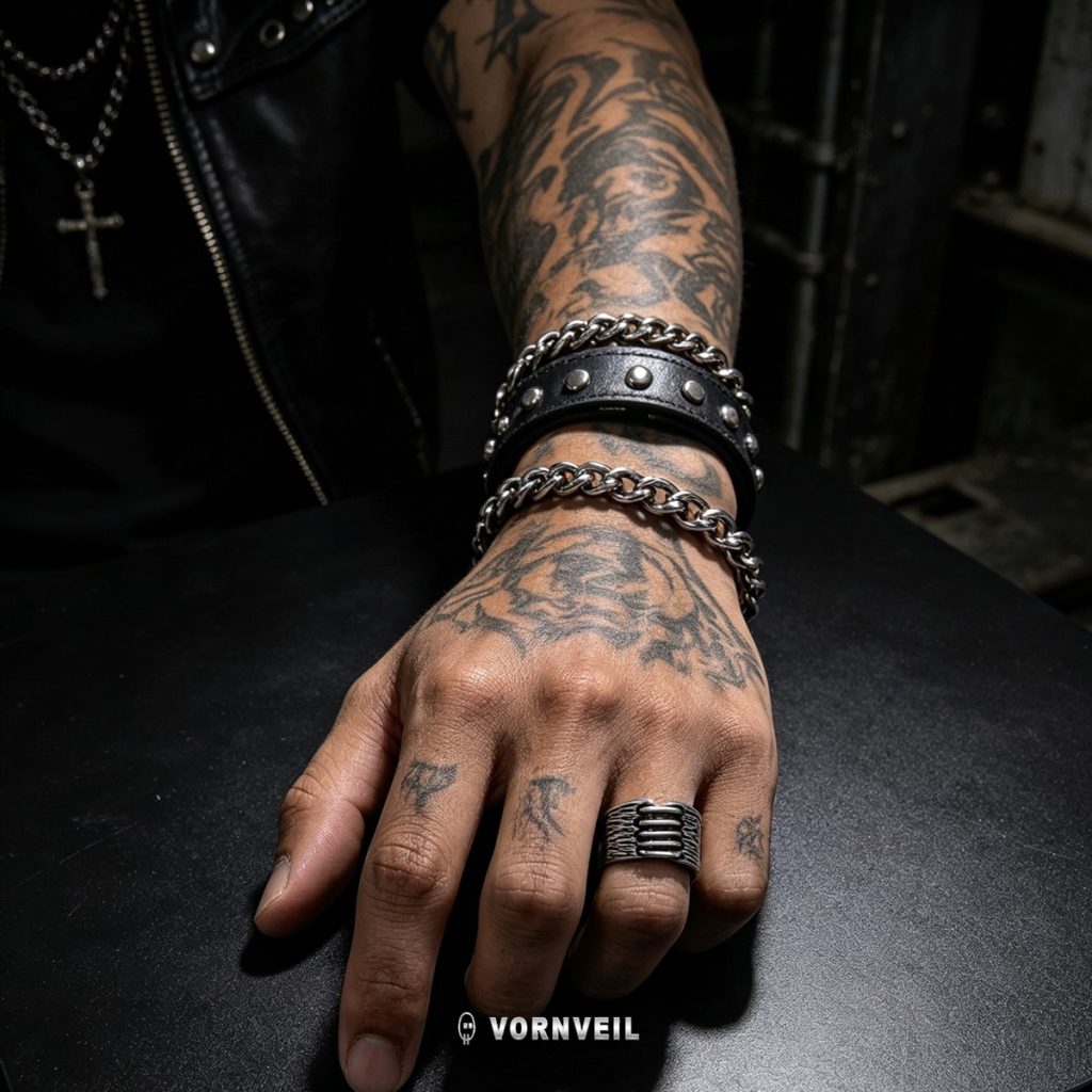 AI-assisted worn image showing simple steel pinky ring with dark streetwear styling and silver logo watermark