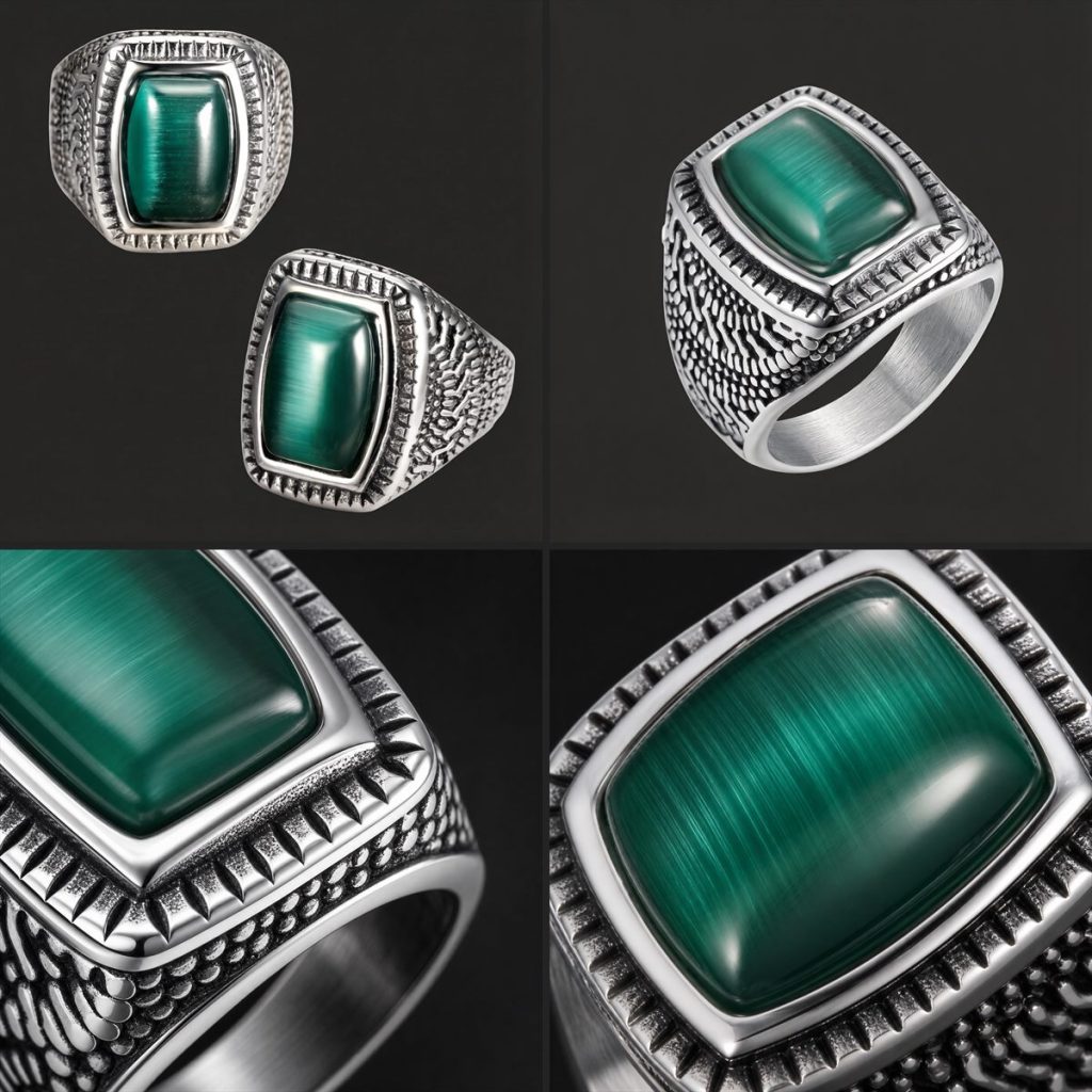 Detail views of green cat-eye stone signet ring face texture and patterned side design