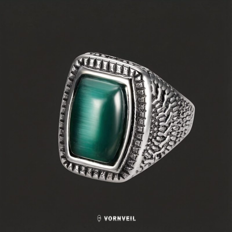 Vornveil green cat-eye stone signet ring with steel silver tone frame