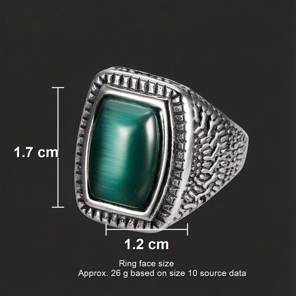 Size image showing approx 1.7 cm by 1.2 cm green cat-eye stone ring face and 26 g source weight
