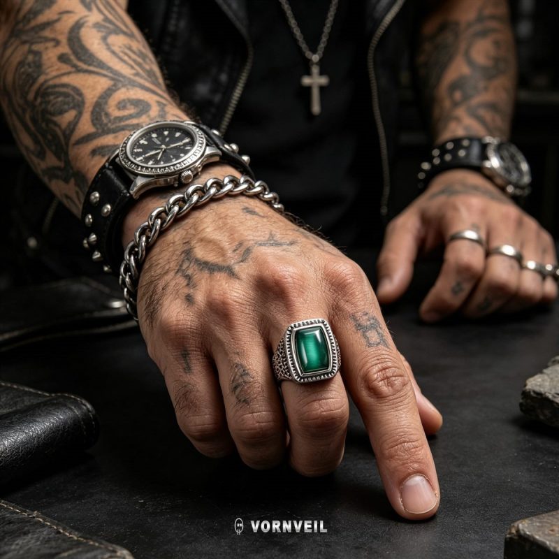 Green Cat-Eye Stone Signet Ring worn by model