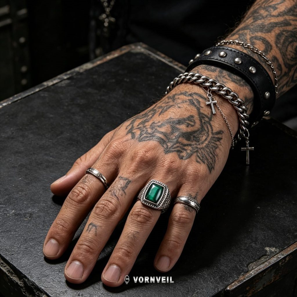 AI-assisted worn image showing green stone signet ring with dark streetwear styling and silver logo watermark