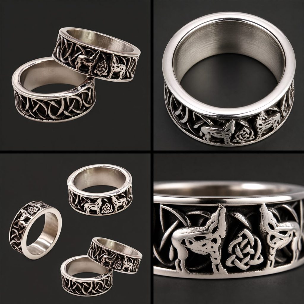 Detail views of viking wolf stainless steel band ring face texture and patterned side design