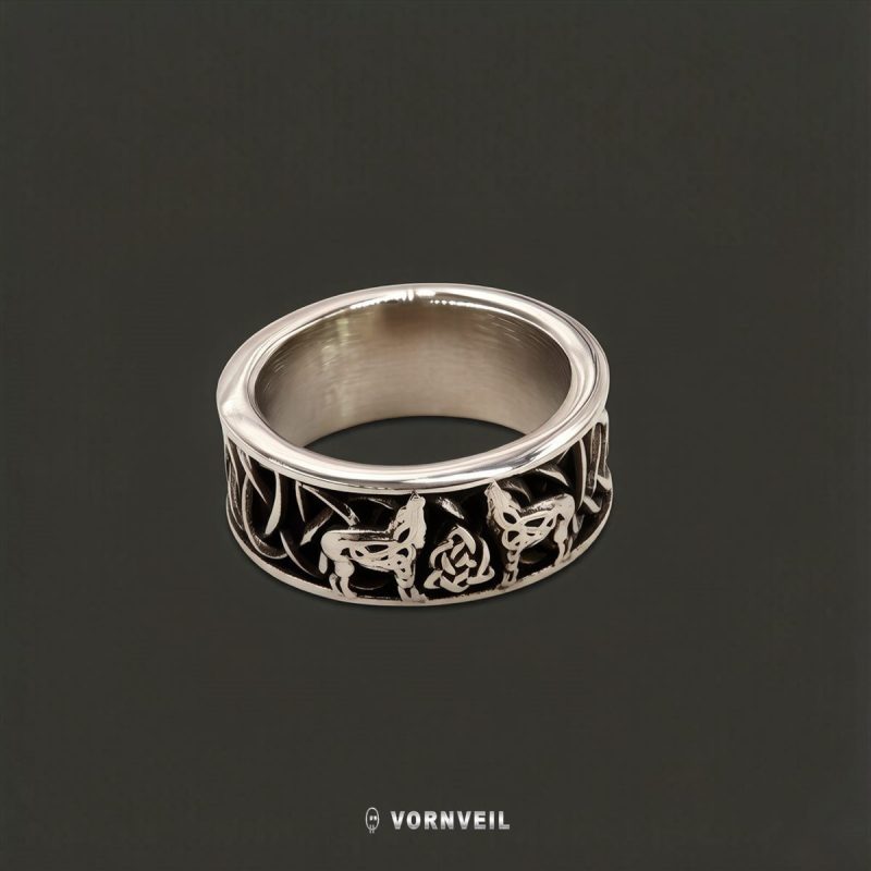 Vornveil viking wolf stainless steel band ring with steel silver tone frame