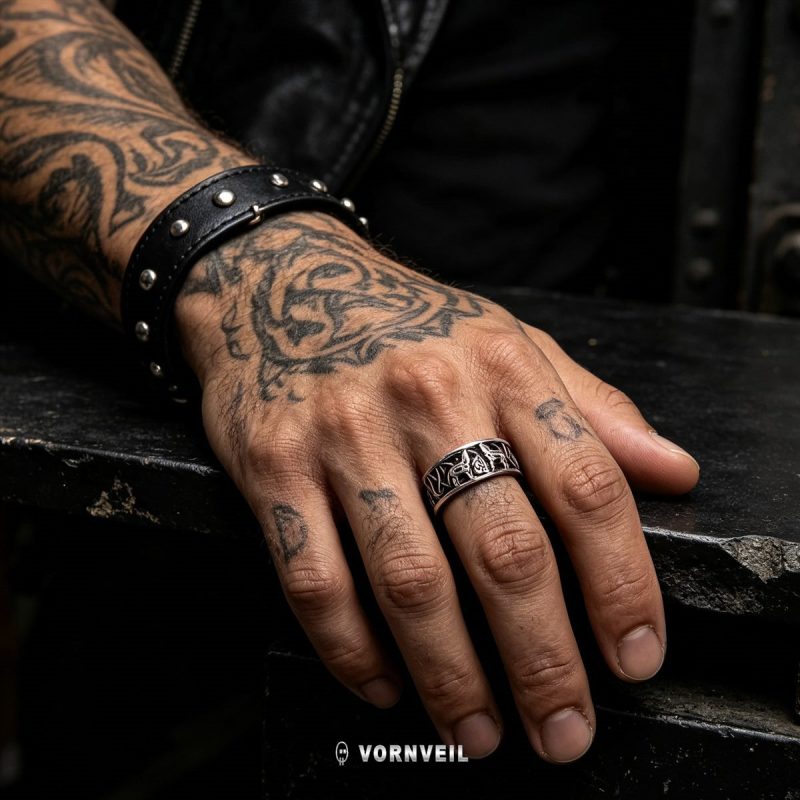 Viking Wolf Stainless Steel Band Ring worn by model