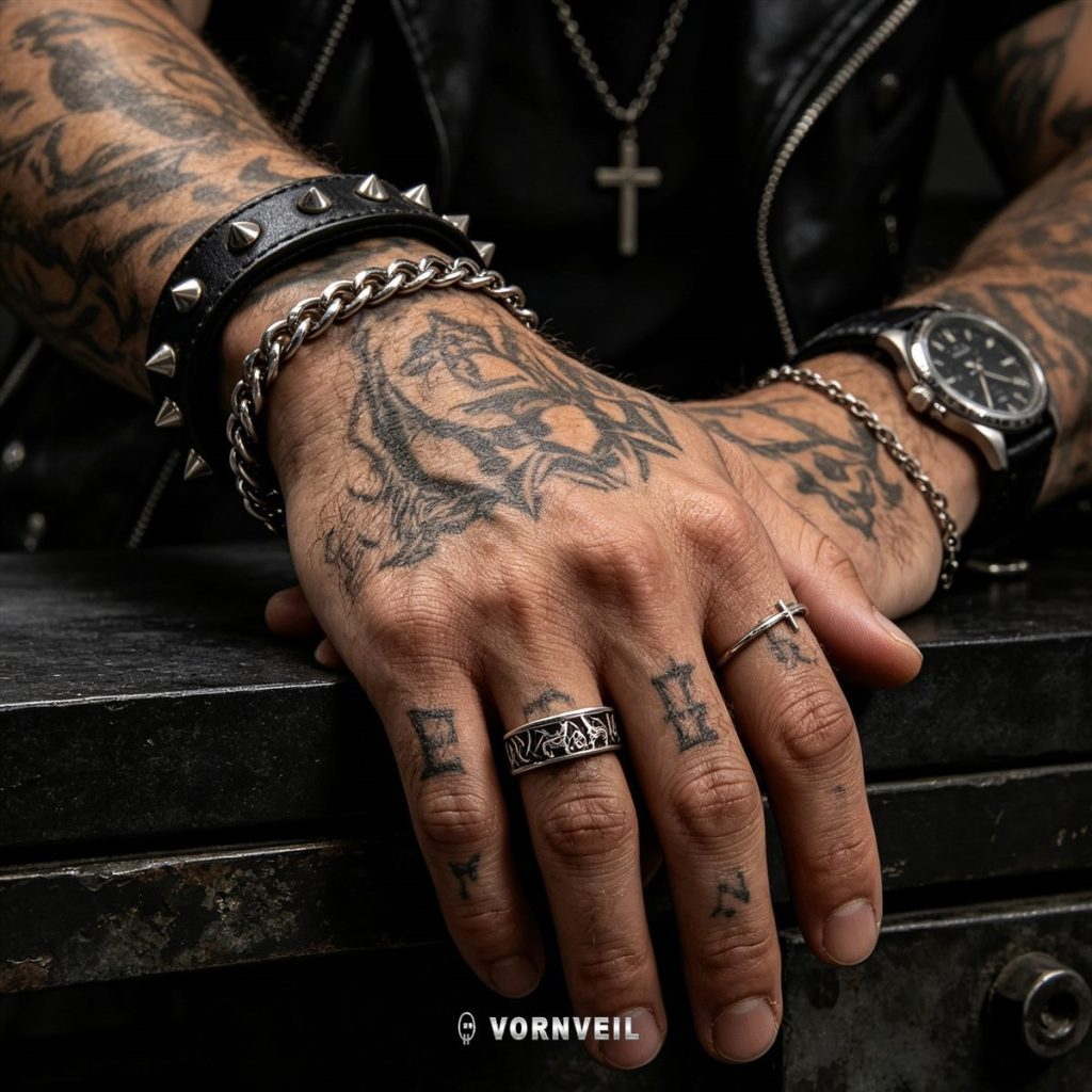 AI-assisted worn image showing wolf band ring with dark streetwear styling and silver logo watermark