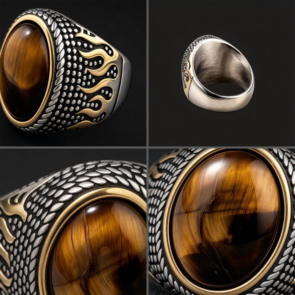 Detail views of tiger eye flame statement ring face texture and stone setting